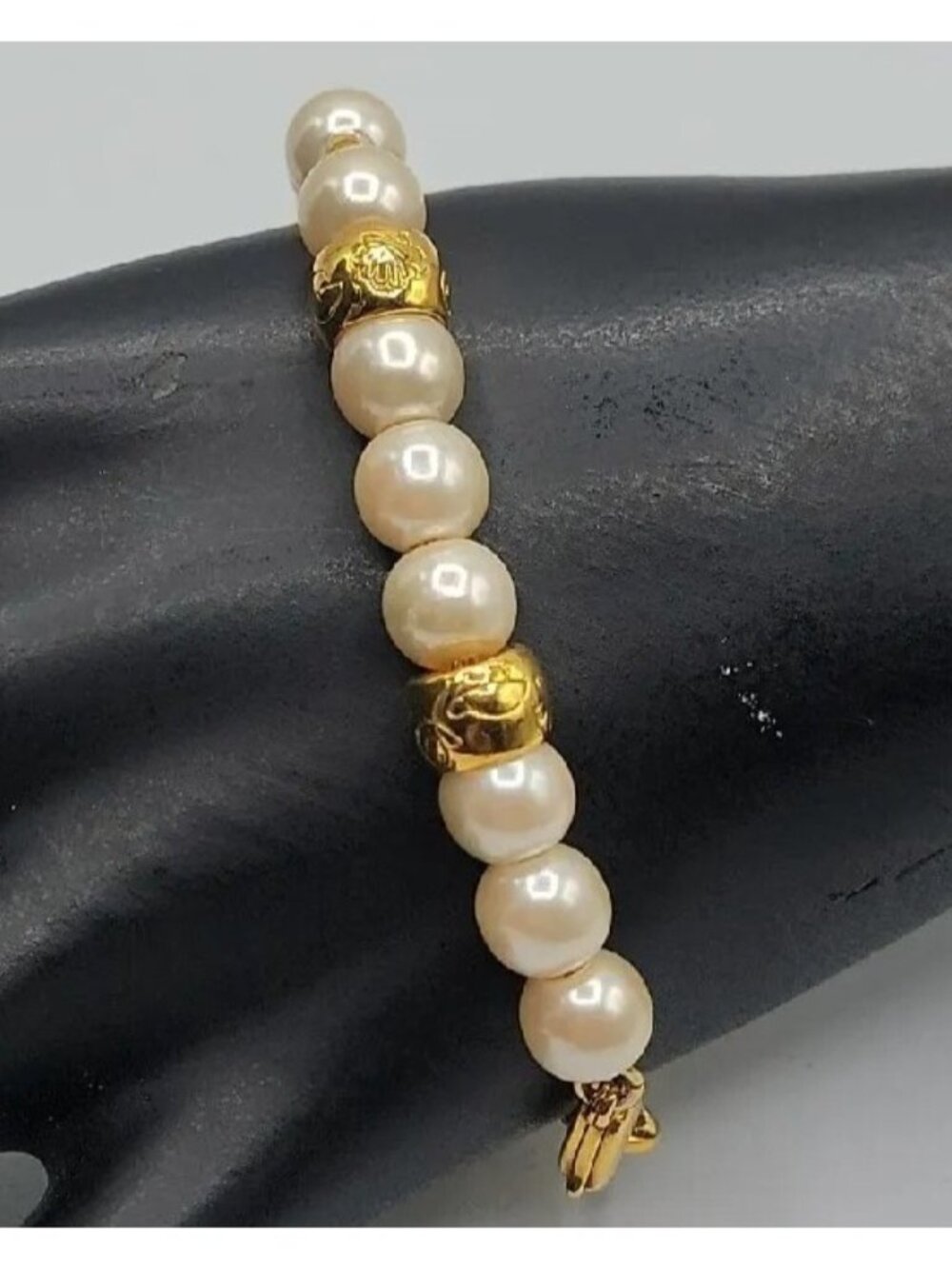 Vintage LCI Liz Claiborne Faux Pearl Gold Tone Bead Bracelet 1990s 7.5" Cable - Picture 2 of 13